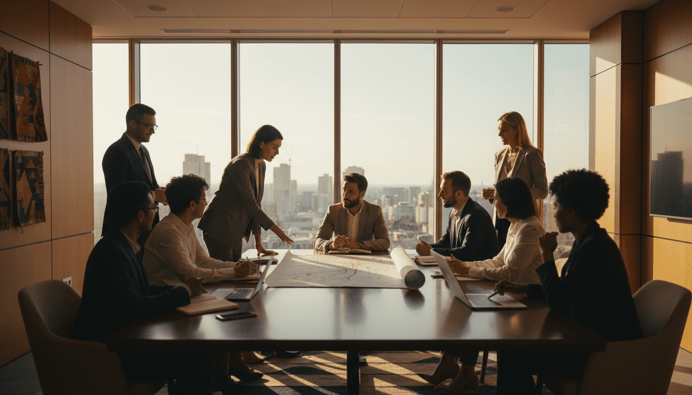 Business professionals discussing trade opportunities in a modern Johannesburg conference room
