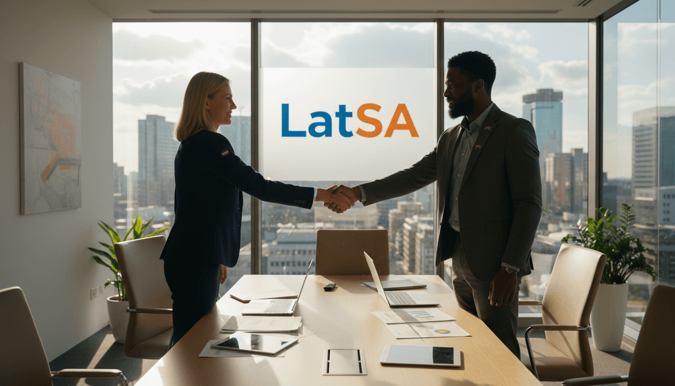 Two diverse business professionals shake hands in a modern Johannesburg office, symbolizing partnership.