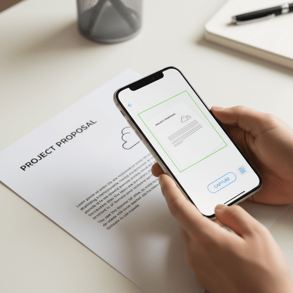 Close-up of smartphone capturing printed document through app interface showing digitization process on clean white desk