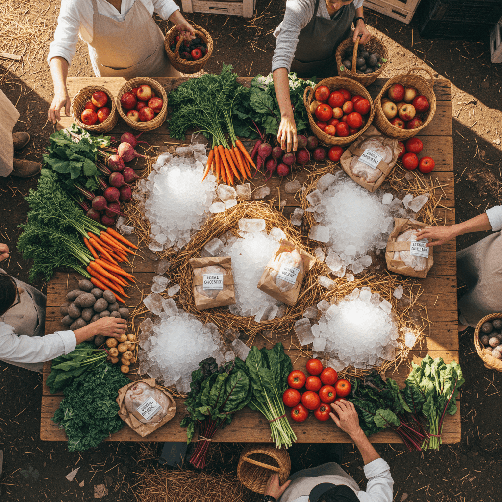 Overhead view of farmers market table with fresh produce, packaged poultry, and ice surrounded by diverse customers