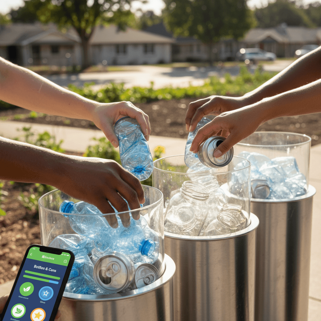 Diverse hands sorting recyclables into containers with smartphone showing gamification rewards visible nearby
