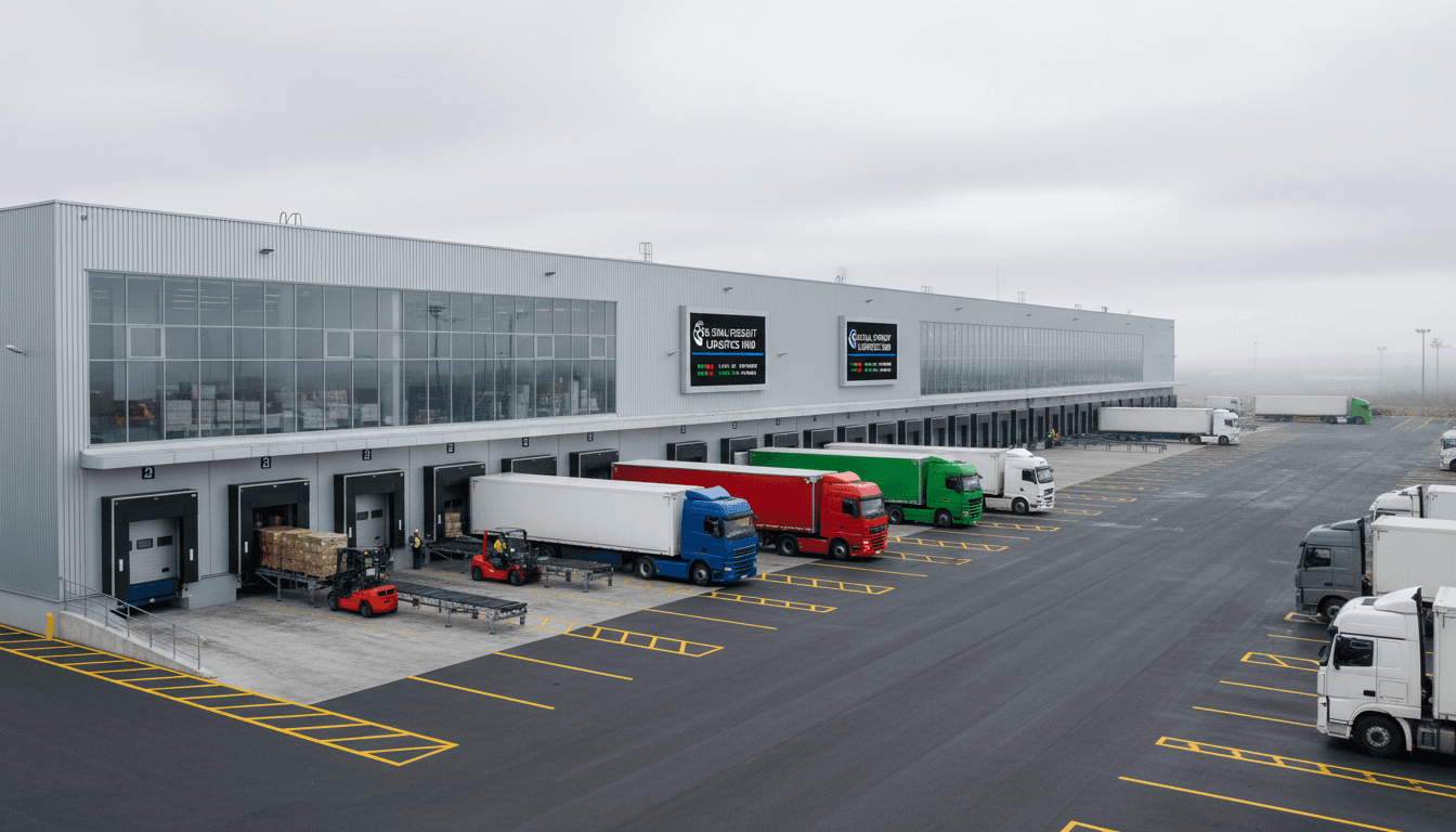 Multiple semi-trucks lined up at loading docks in active logistics facility during peak operations