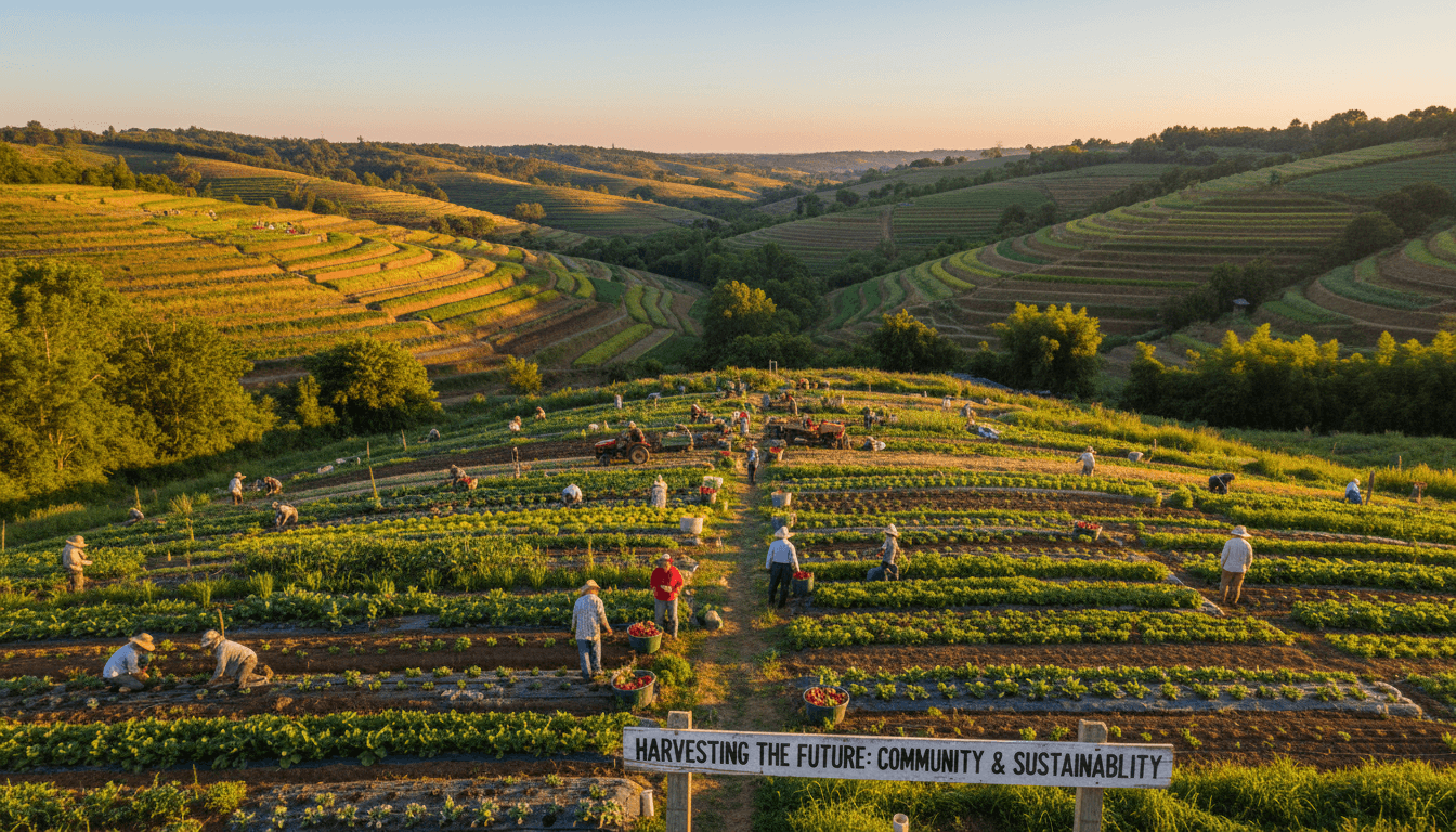 Panoramic view of terraced horticultural farm with multiple crop plots and farmers working across rolling landscape at golden hour