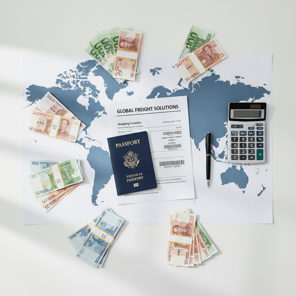 Overhead arrangement of international trade tools including world map, passport, shipping documents, and currency