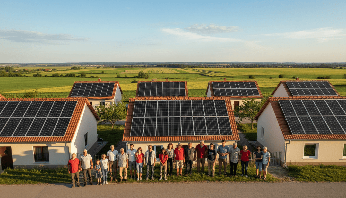 Rural village community standing together with solar panels installed on residential rooftops in afternoon sunlight