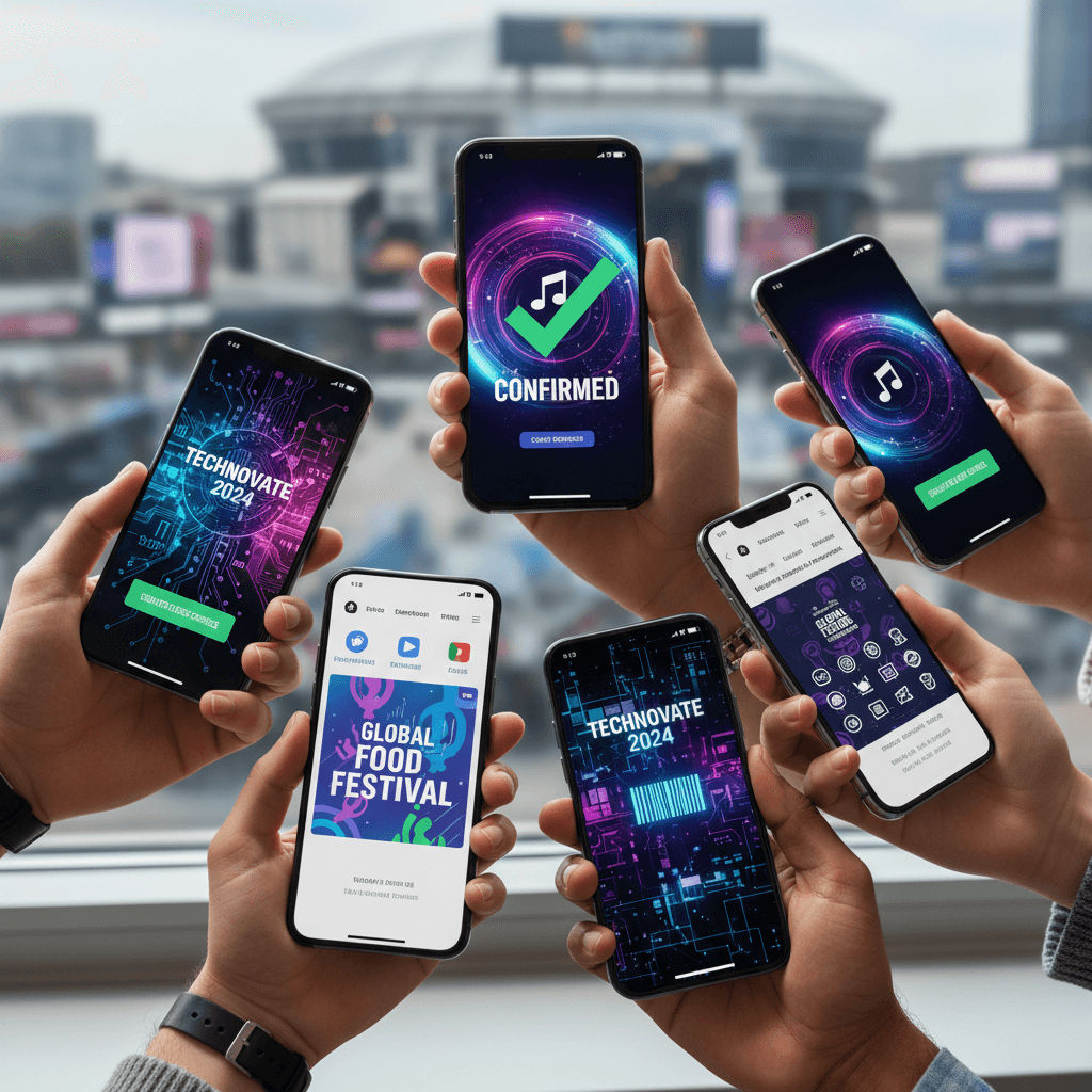 Close-up of diverse hands holding smartphone displaying colorful digital event tickets and confirmation details